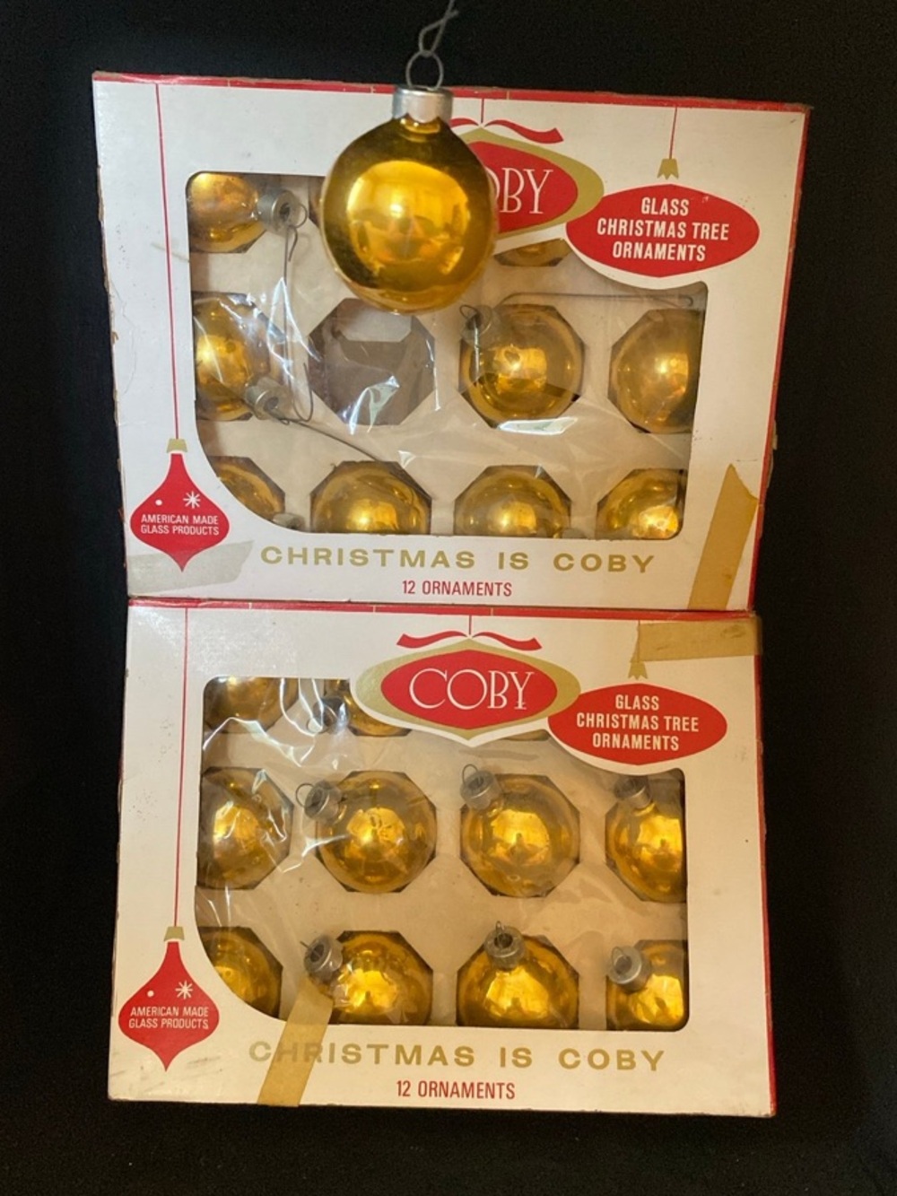 Vintage COBY Mercury Glass Gold  Christmas Tree Ornaments in Original Box